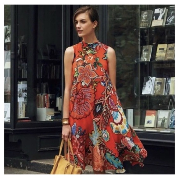 Anthropologie Maeve Larkhill Orange Silk Floral Sleeveless Midi Dress - Picture 2 of 13